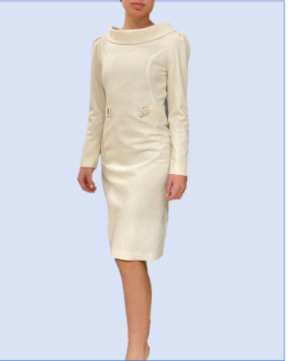 White tweed dress with chimney neck and waist details