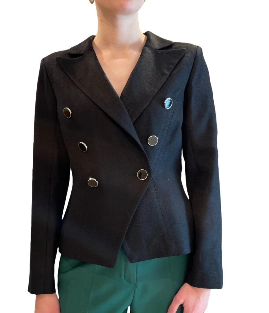 Black woman's wool blazer jacket with cross-over closure and 2 rows of buttons
