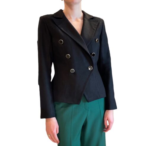 Woman's black wool blazer jacket with cross-over closure and 2 rows of buttons