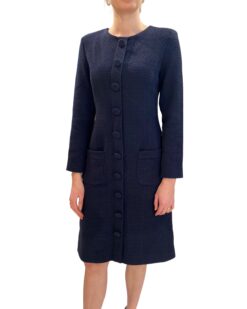 Dark blue button-down boucle dress with round neck and long sleeves