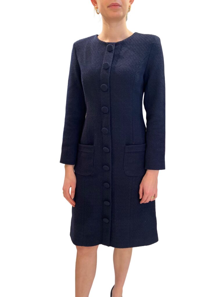 Dark blue button-down boucle dress with round neck and long sleeves