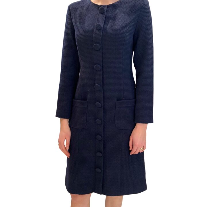 Dark blue button-down boucle dress with round neck and long sleeves