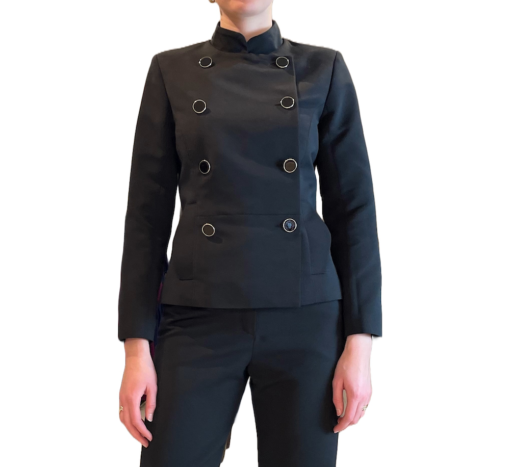 Black jacket in 100% wool with small collar and two straight down button rows