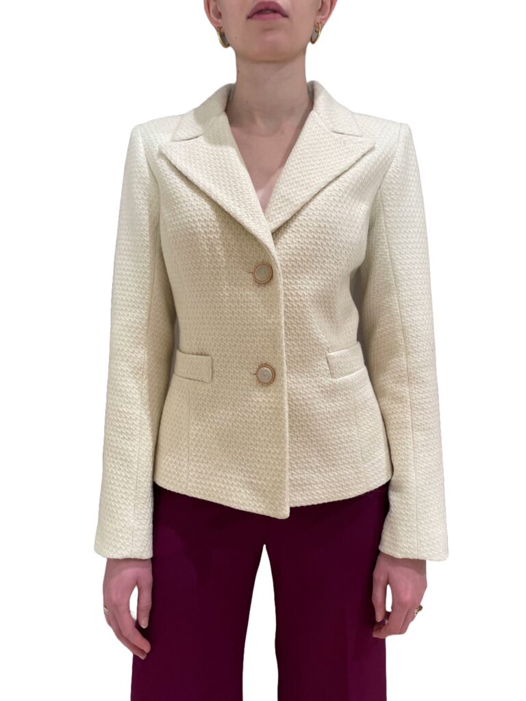 Heidi White boucle jacket with pearl and gold-color button closure and collar