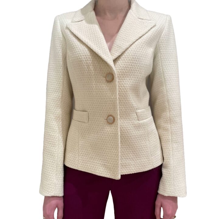 Heidi White boucle jacket with pearl and gold-color button closure and collar