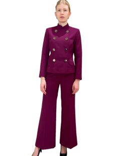 Woman's suit with double breasted magenta jacket and magenta pants