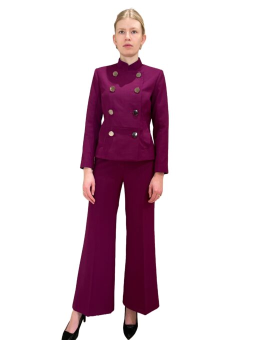 Woman's suit with double breasted magenta jacket and magenta pants