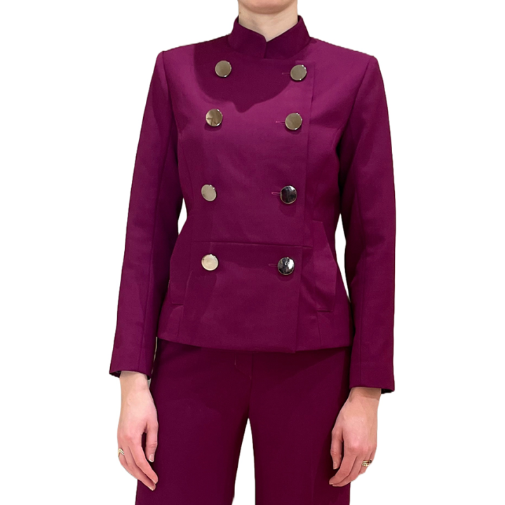 Magenta jacket in 100% wool with small collar and two straight down button rows