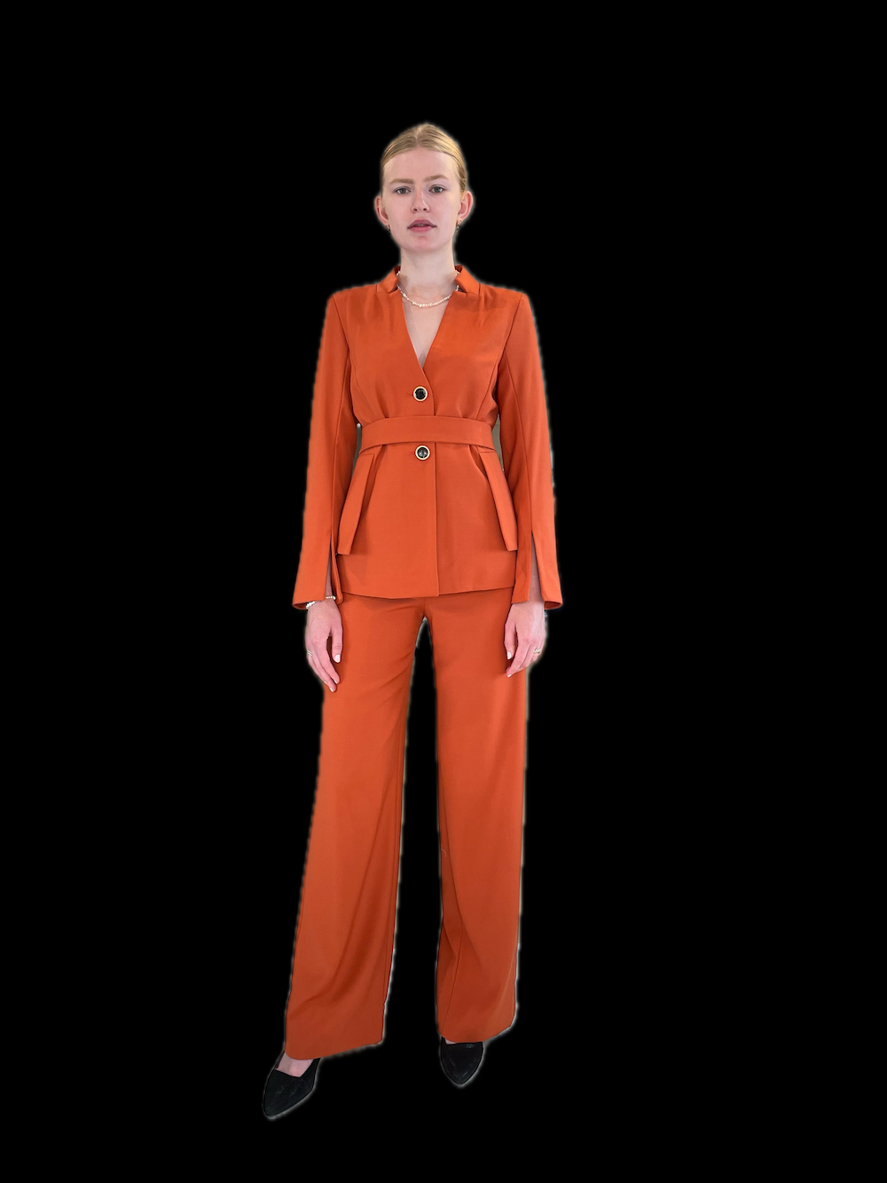 Orange woman's set with Eleanor jacket and Jennifer pants.