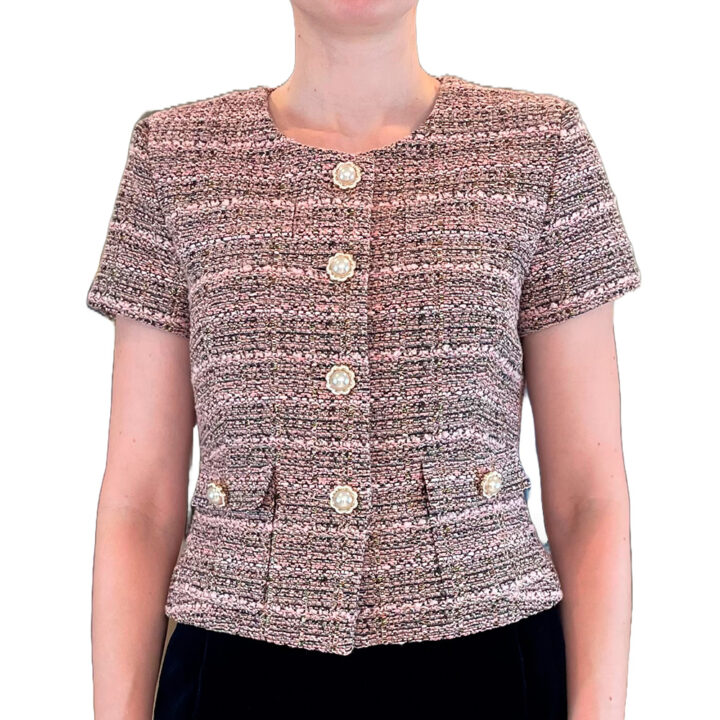 Short-sleeved summer unika jacket in pink, white, black tweed 2 pockets.