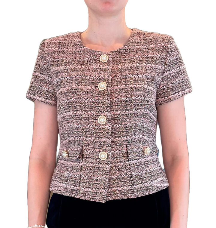 Short-sleeved summer unika jacket in pink, white, black tweed 2 pockets.